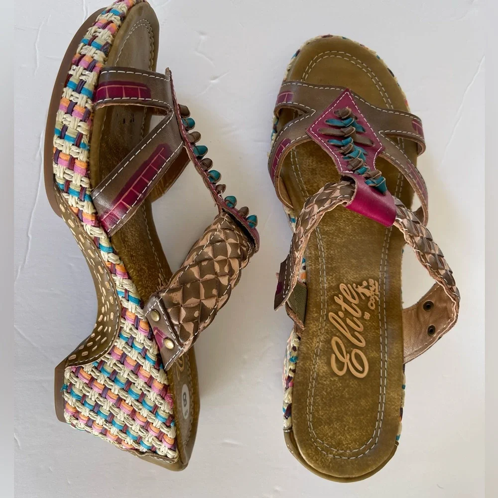 ELITE By CORKYS Sandals Heels Brown Multi Color Pink Slip On Rest Women’s 8